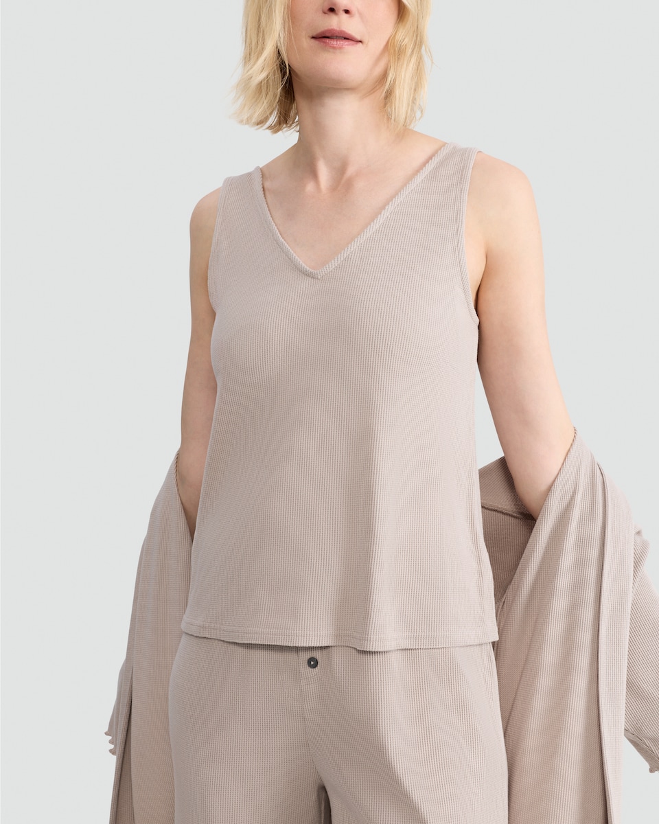 image 1 of F&F 3-Piece Waffle Textured Vest, Trousers and Cardigan Pyjama Set in Neutral