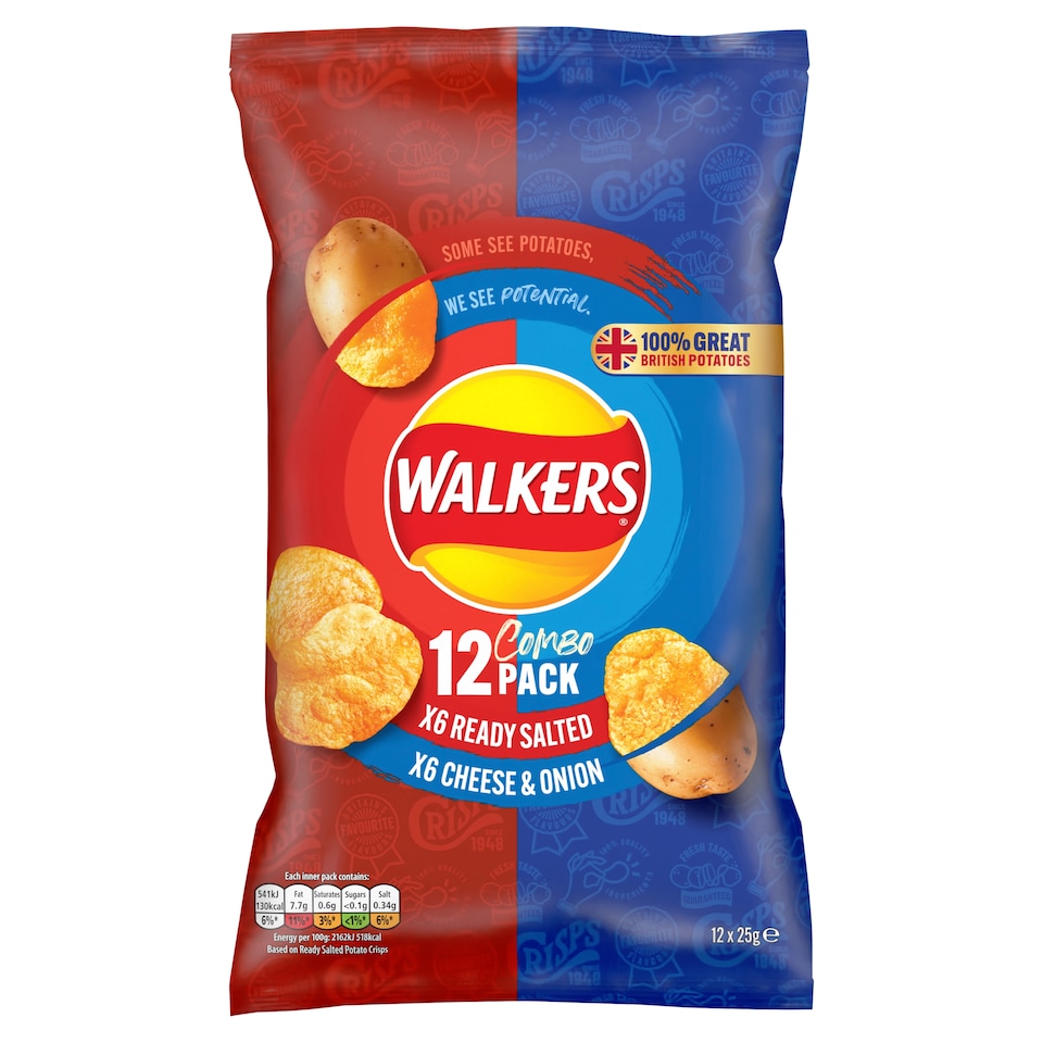 Walkers Ready Salted & Cheese & Onion Multipack Crisps 12x25g