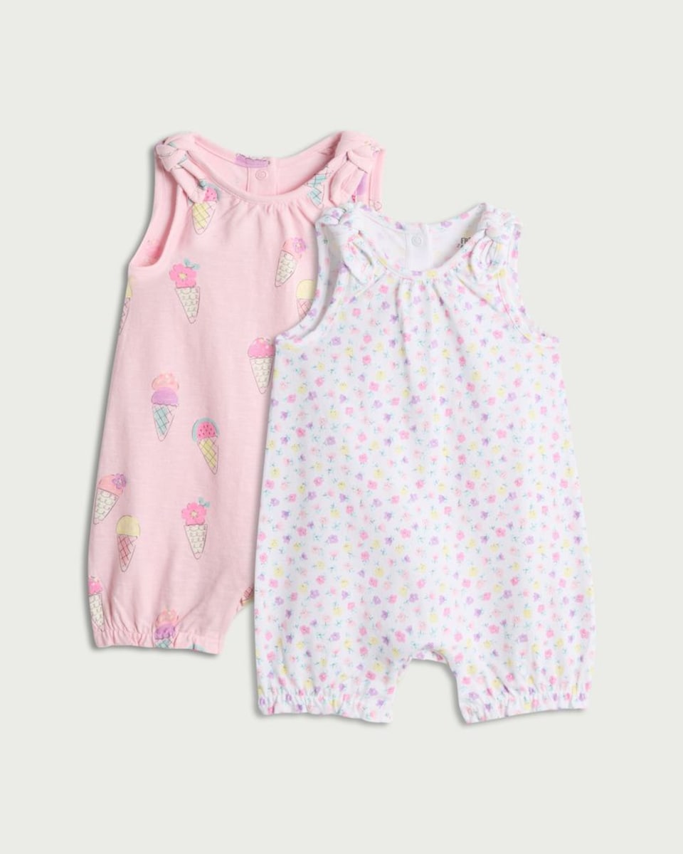 image 1 of F&F Baby 2-Pack Pure Cotton Print Rompers in Pink