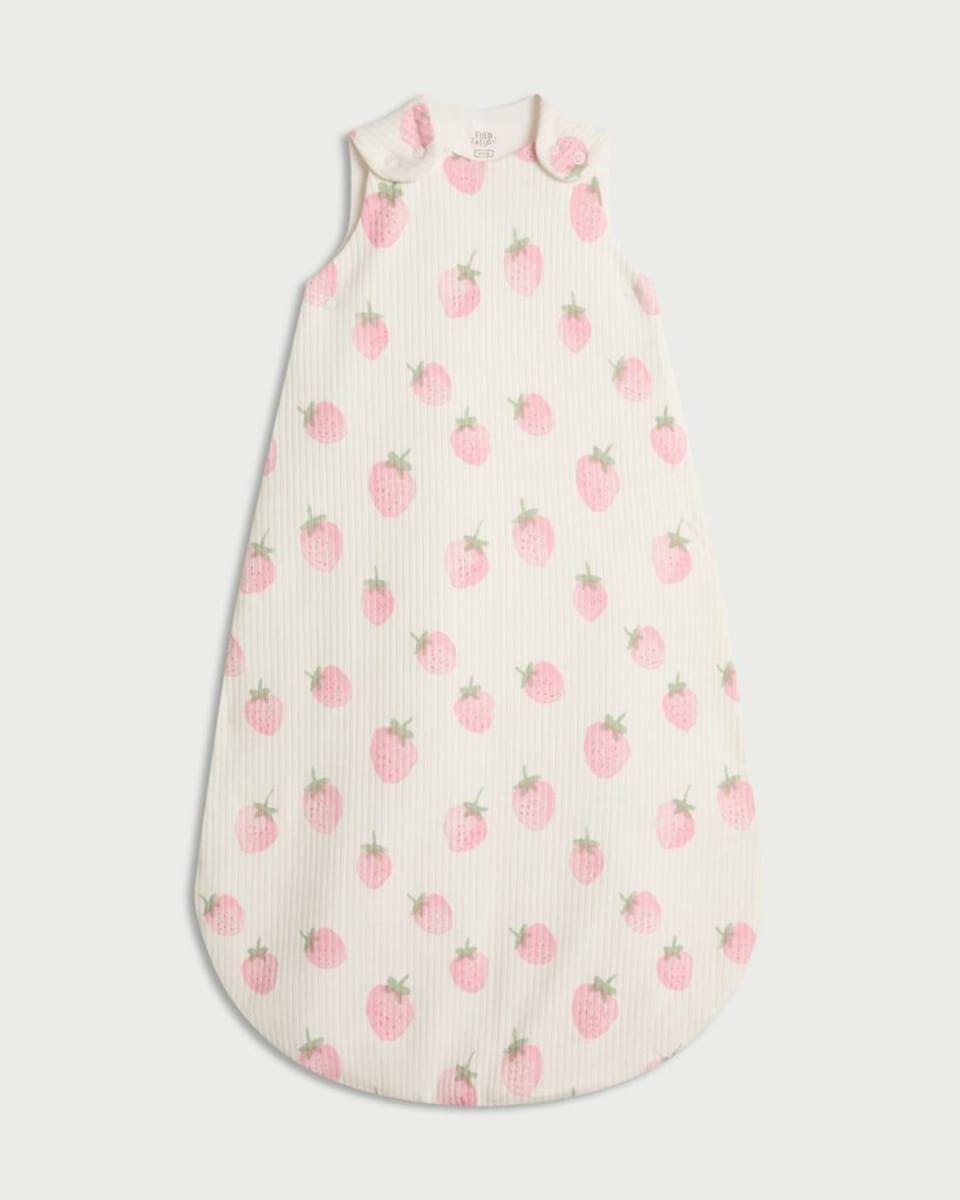 image 1 of F&F Baby Pure Cotton Ribbed Strawberry Print 1.5 Tog Sleeping Bag in Pink