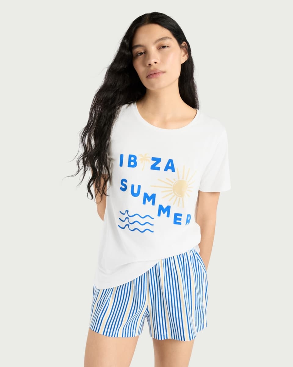 image 1 of F&F 2-Piece Pure Cotton Ibiza Summer Shorts Pyjama Set in Multi Blue