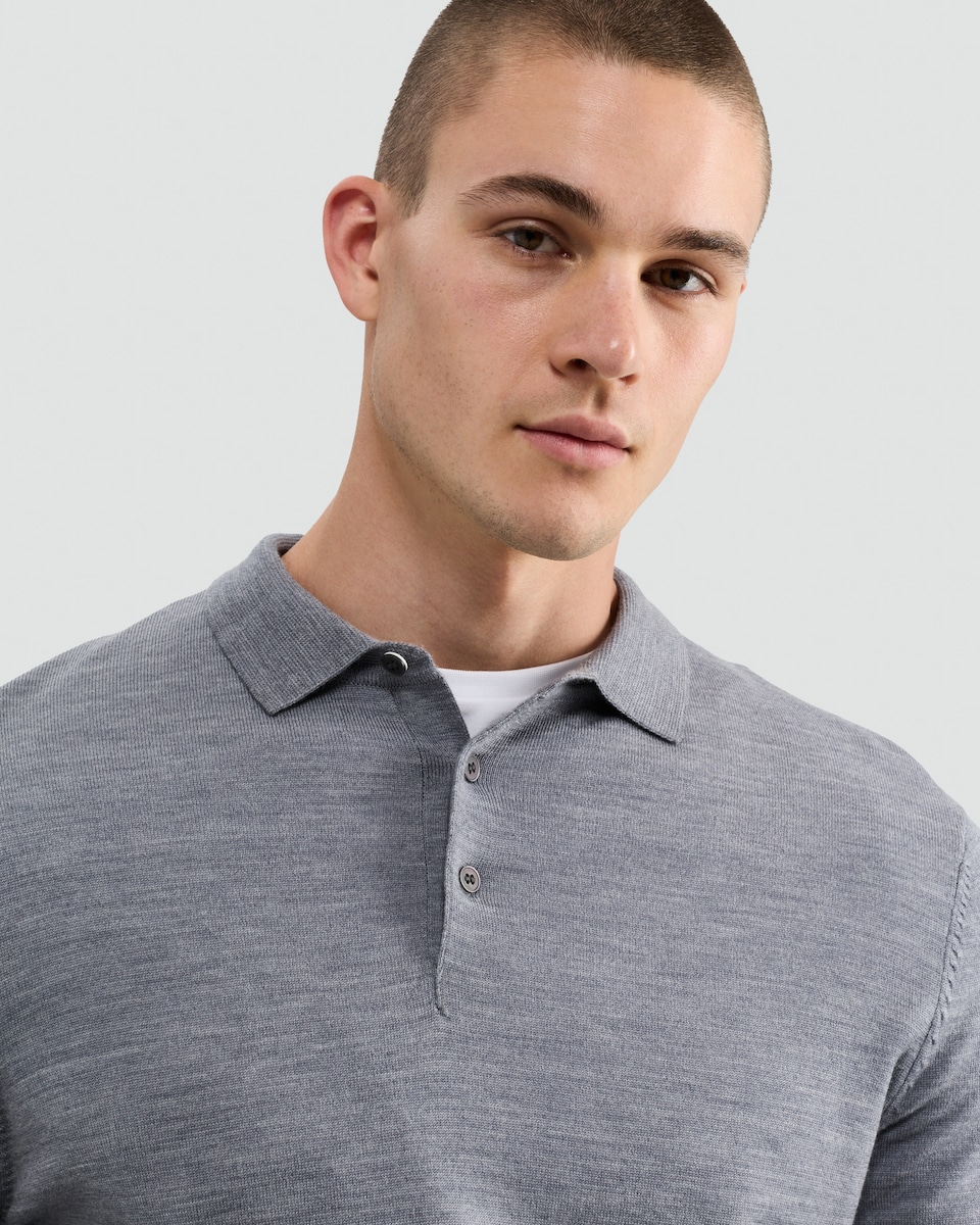 image 1 of F&F Pure Merino Wool Long Sleeved Polo Shirt in Grey Marl