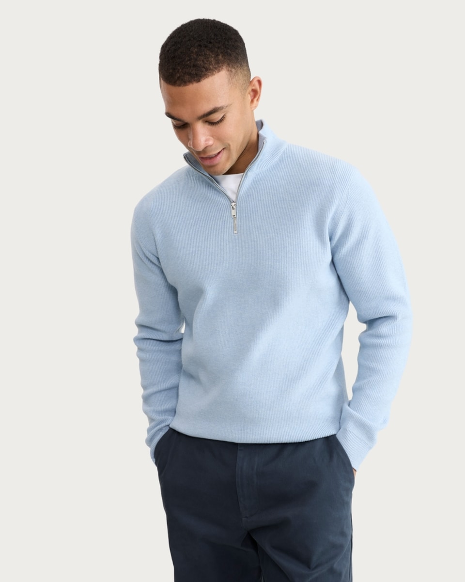 image 1 of F&F Knitted Ribbed Half Zip Jumper in Blue