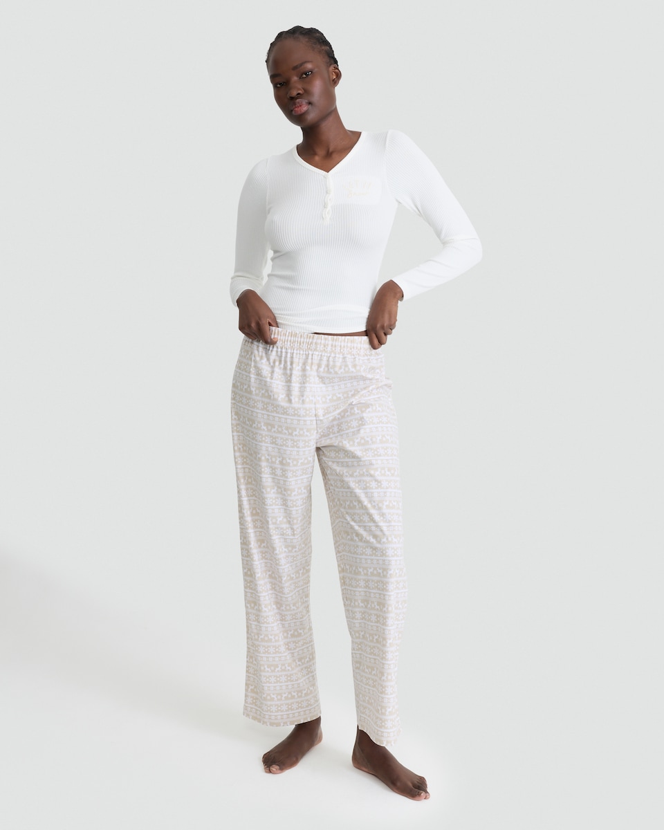 image 1 of F&F Ribbed Festive Henley Top and Trousers Pyjamas Set in Cream