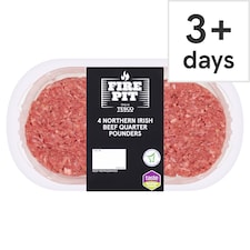 TESCO FIRE PIT NI 4 BEEF QUARTER POUNDERS 454G