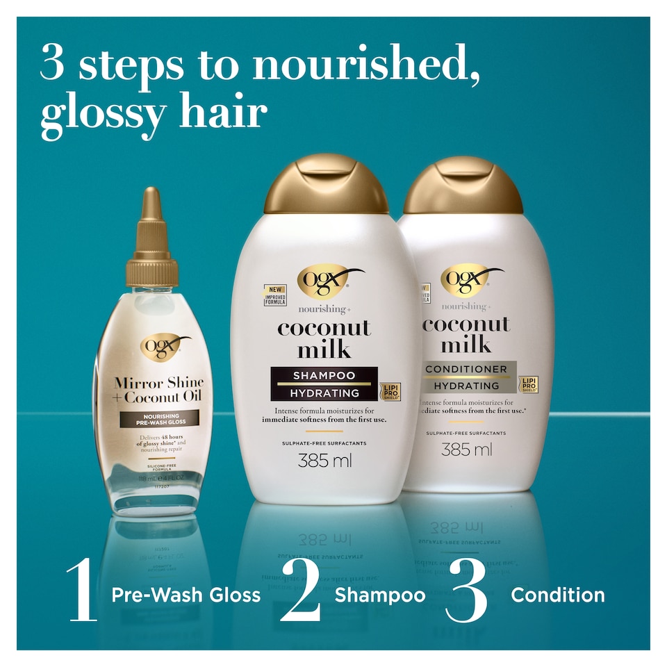 image 1 of OGX Mirror Shine +Argan Oil Pre-Wash Hair Gloss 118ml