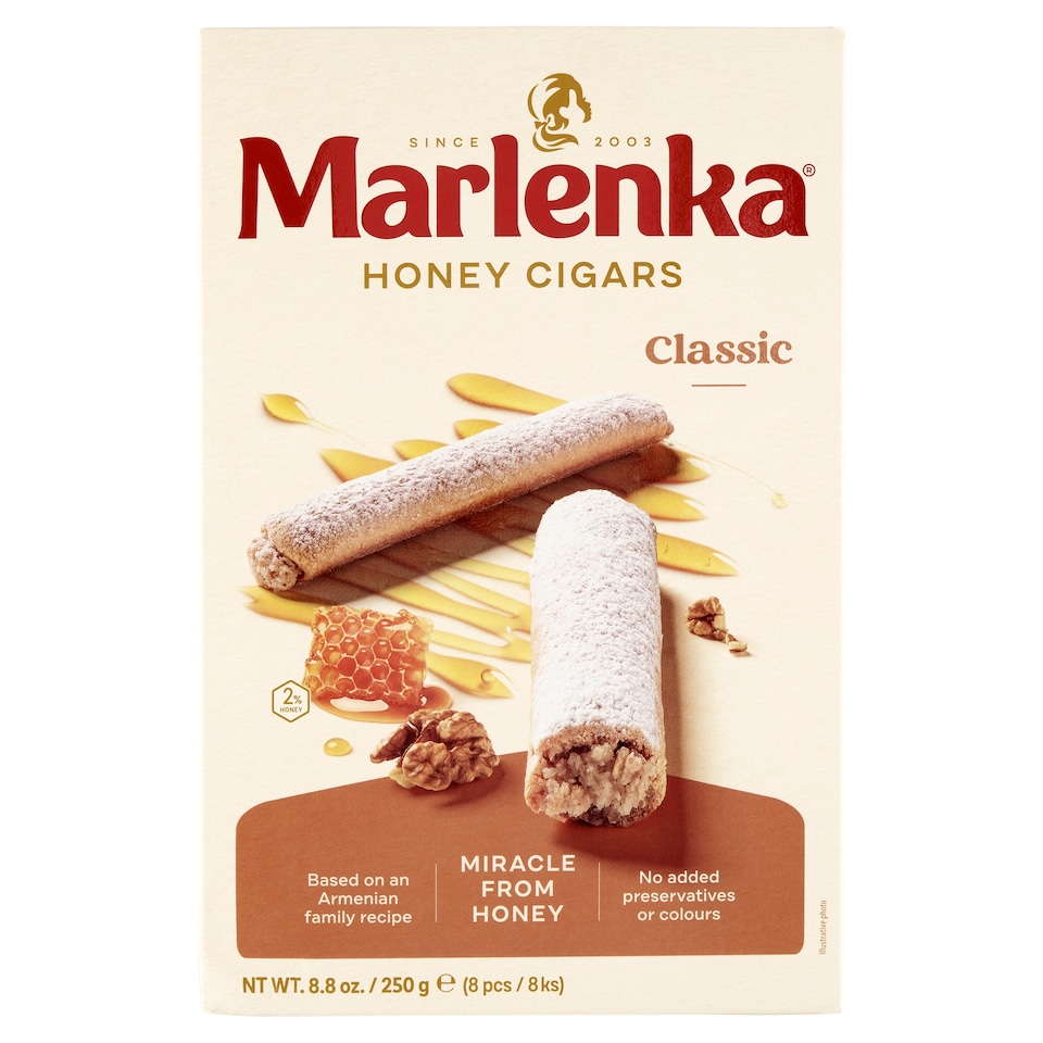 Marlenka Mézes Szivarok mézes tésztából készült csövek túrós dió-töltelékkel cukorral díszítve 250 g