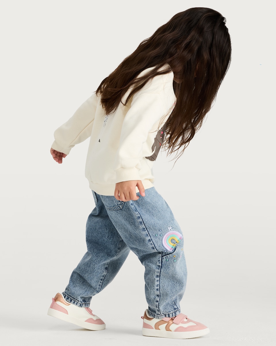image 1 of F&F Girls Pure Cotton Barrel Leg Embroidered Jeans in Blue