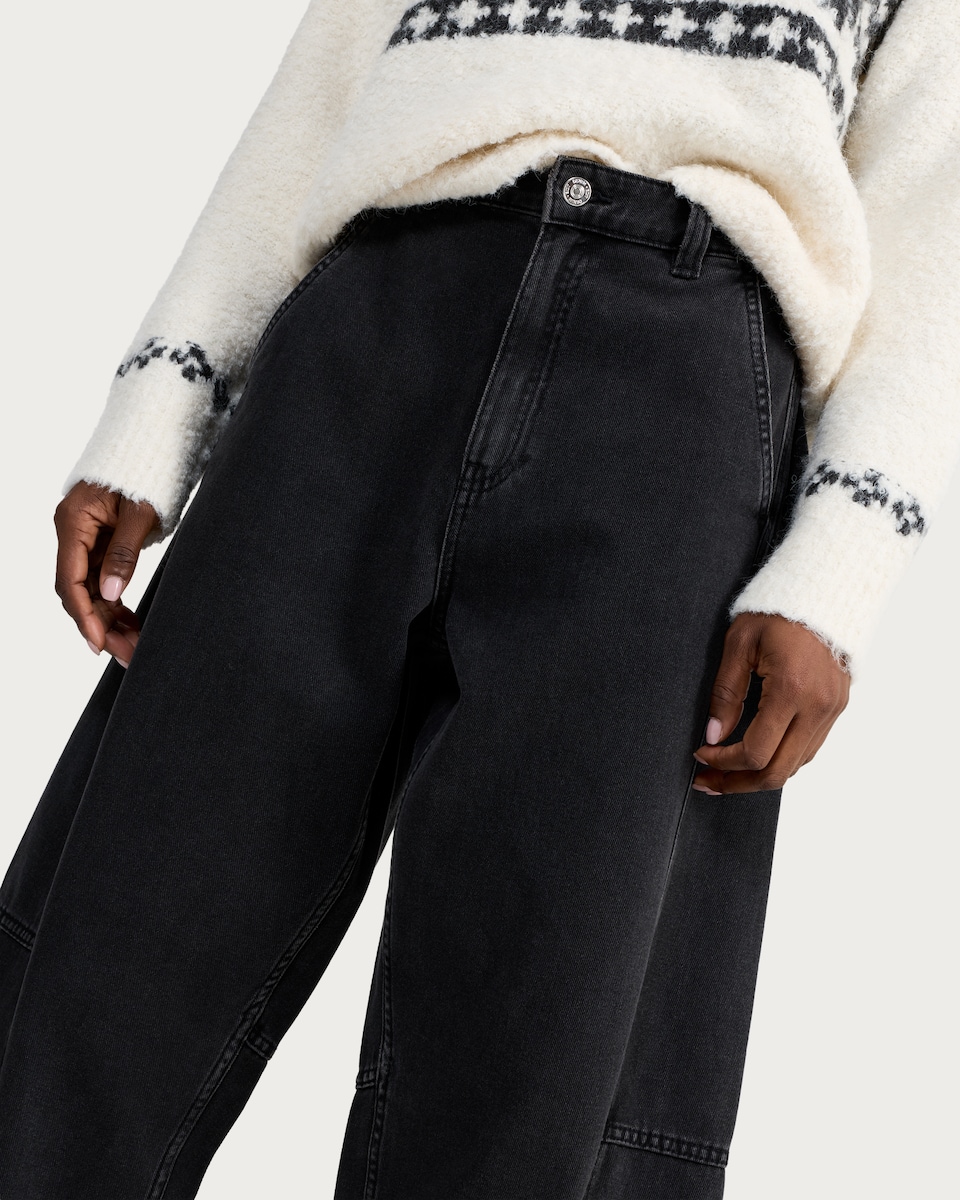 image 1 of F&F High Rise Seam Detail Barrel Leg Jeans in Black