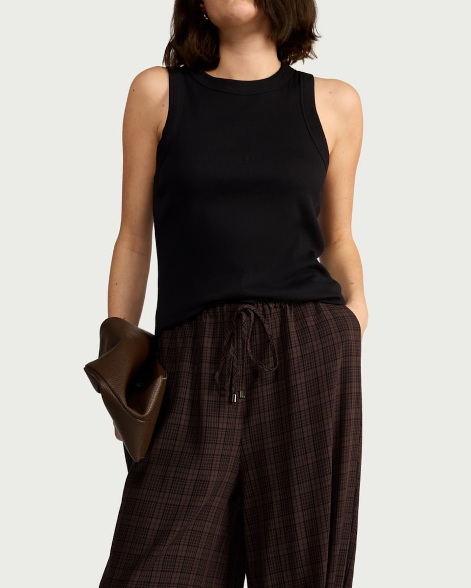 image 1 of F&F Checked Cuffed Drawstring Trousers in Multi Brown