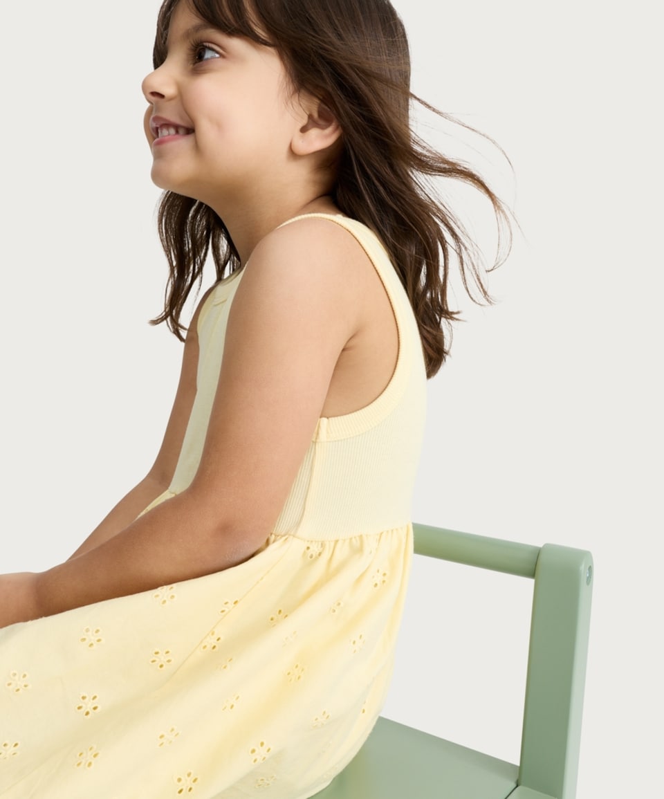 image 1 of F&F Girls Cotton Rich Broderie Sleeveless Dress in Yellow