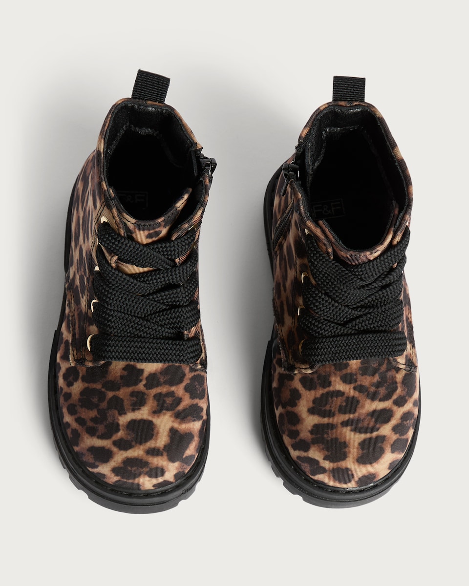 image 1 of F&F Girls Leopard Print Lace Up Boots in Multi Brown