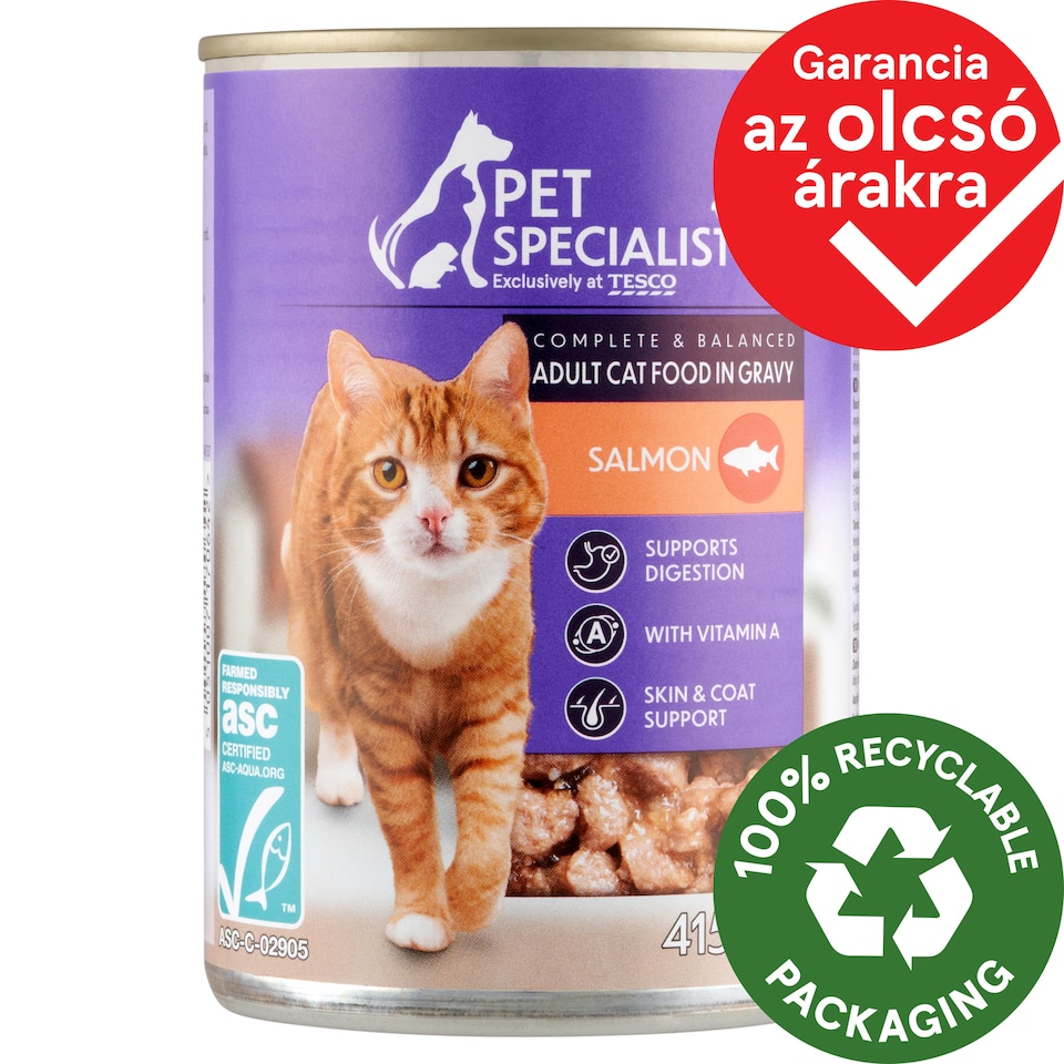 Pet Specialist teljes értékű állateledel felnőtt macskák számára falatkák lazaccal szószban 415 g
