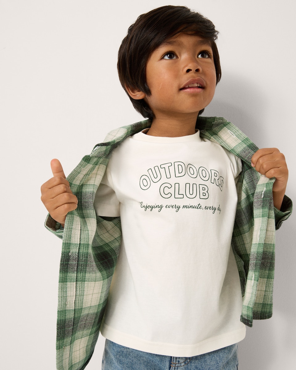 image 1 of F&F Boys 2-Piece Pure Cotton Checked Shirt and T-Shirt Set in Green