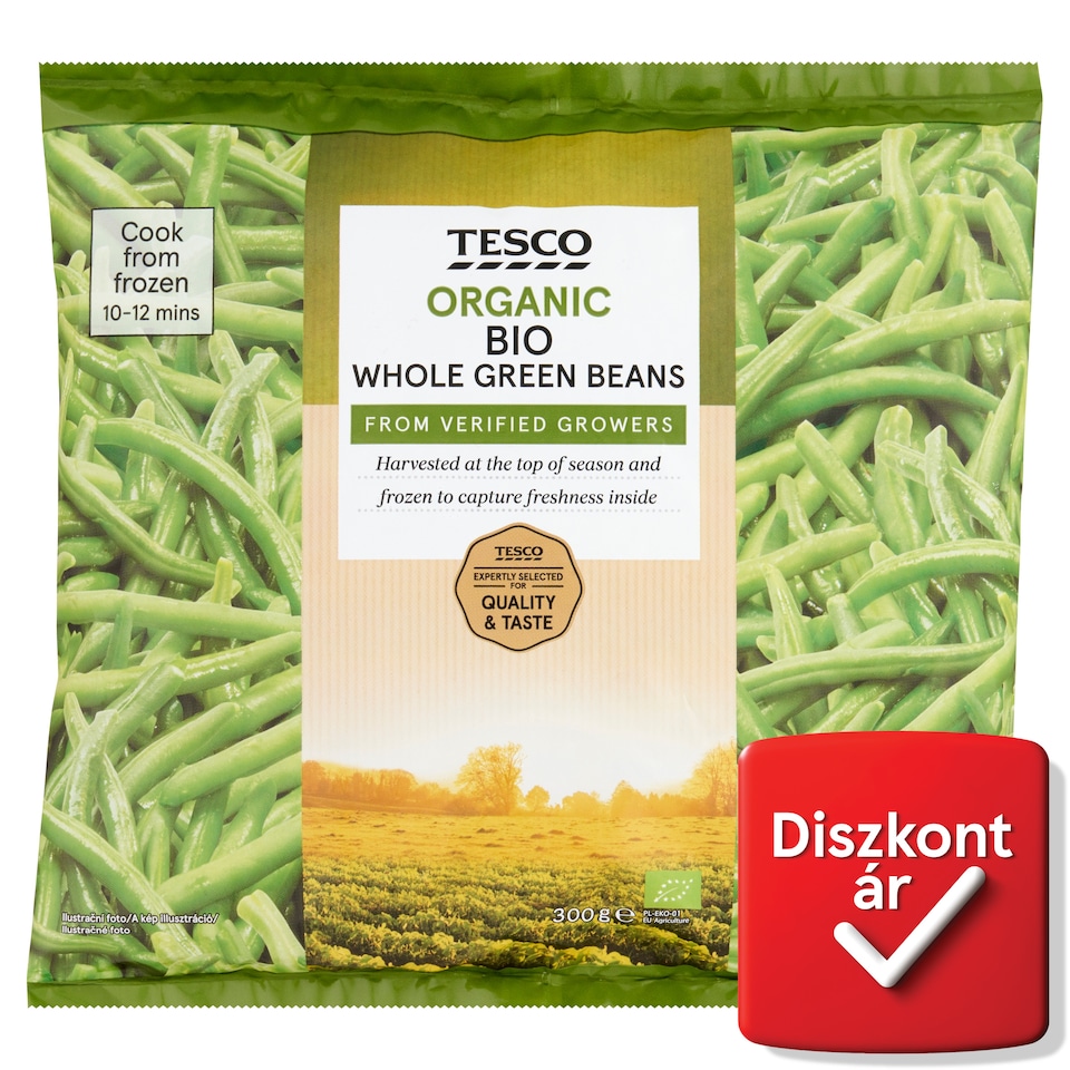 Tesco bio, gyorsfagyasztott zöld hüvelyű egész zöldbab 300 g