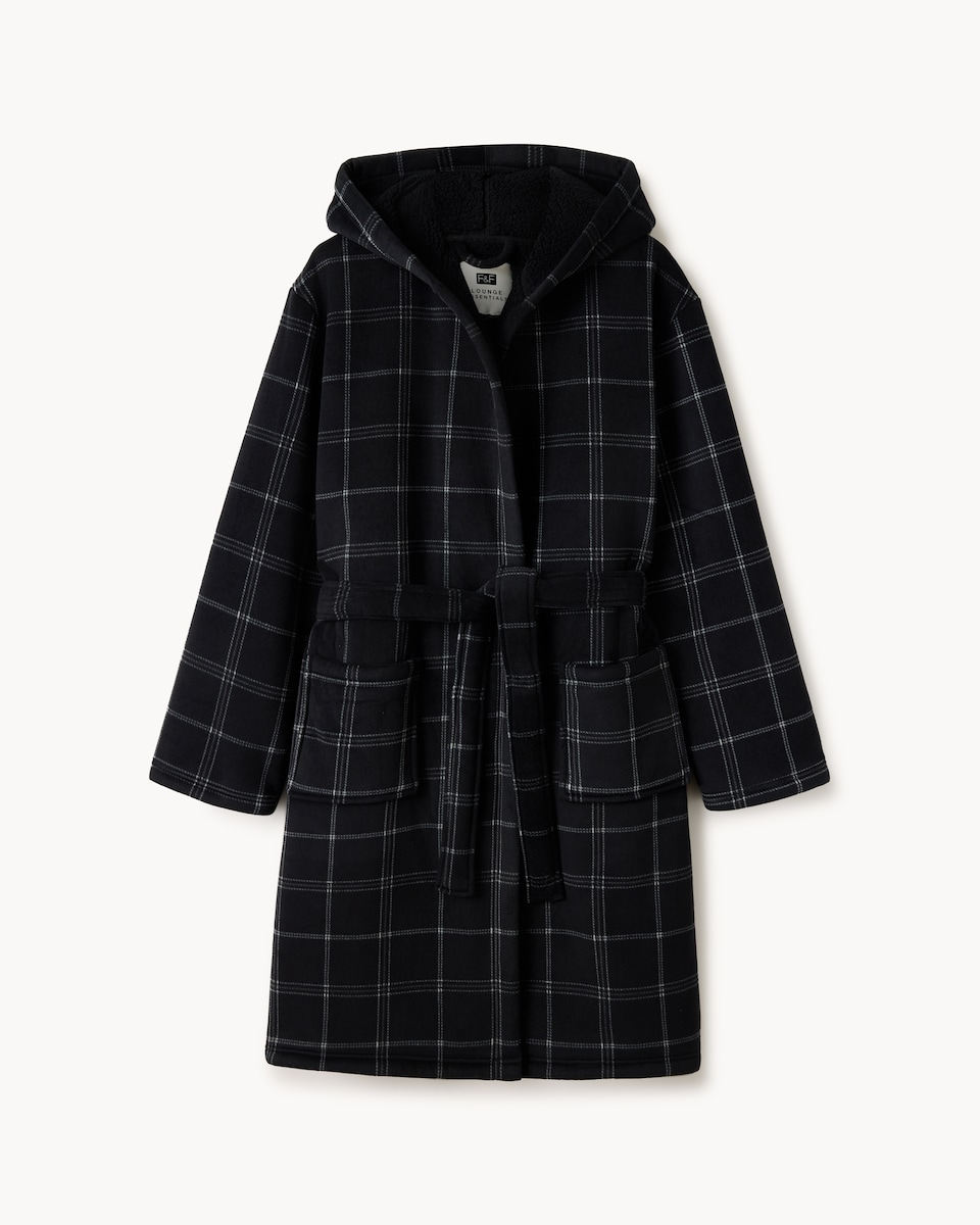 image 1 of F&F Fleece Bonded Checked Hooded Dressing Gown in Multi Black White