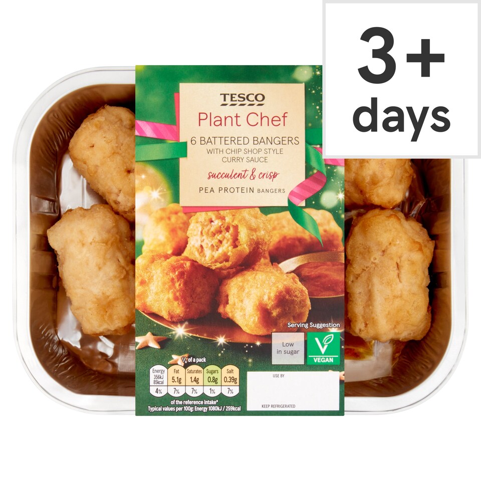Tesco Plant Chef 6 Battered Bangers with Chip Shop style Curry Sauce