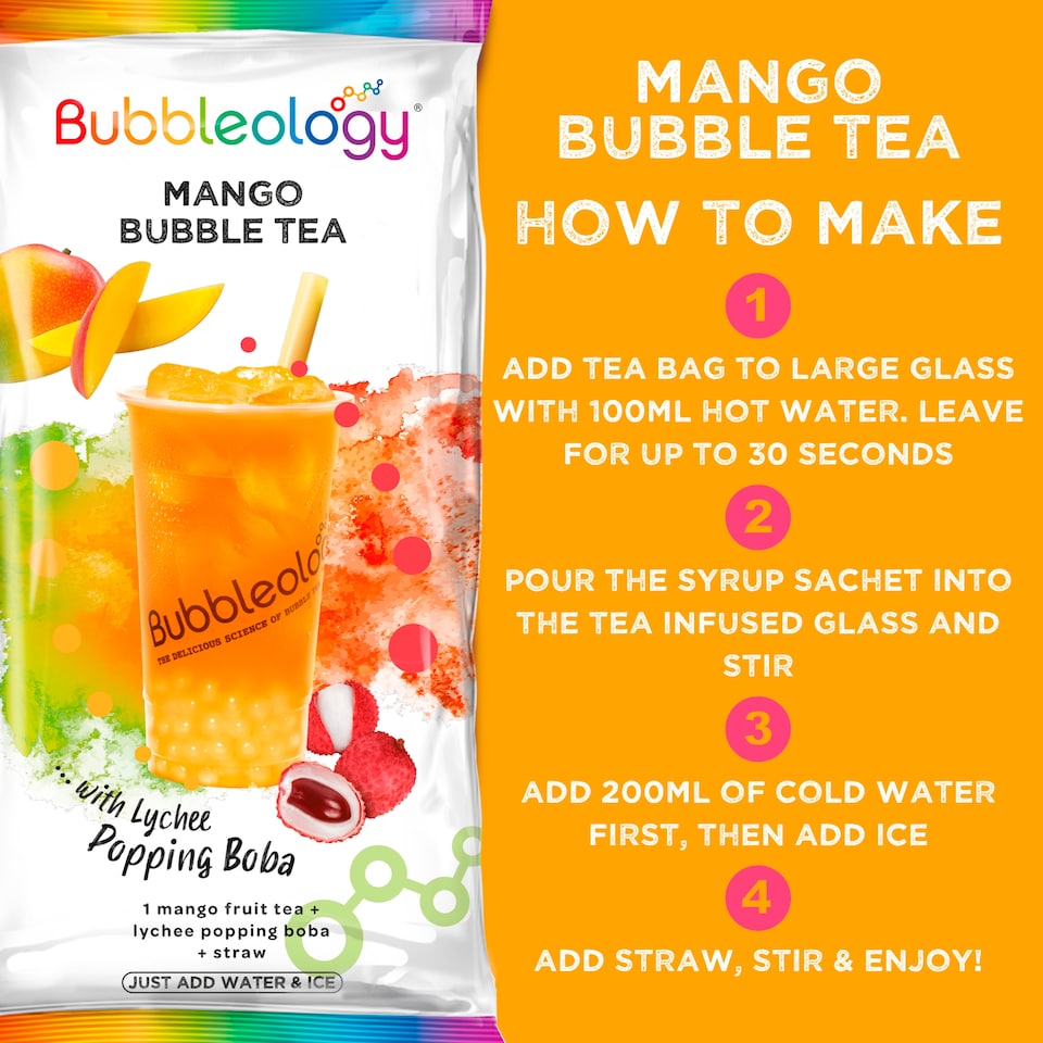 image 1 of Bubbleology Mango Bubble Tea with Lychee Popping Boba 102.5g + 35ml