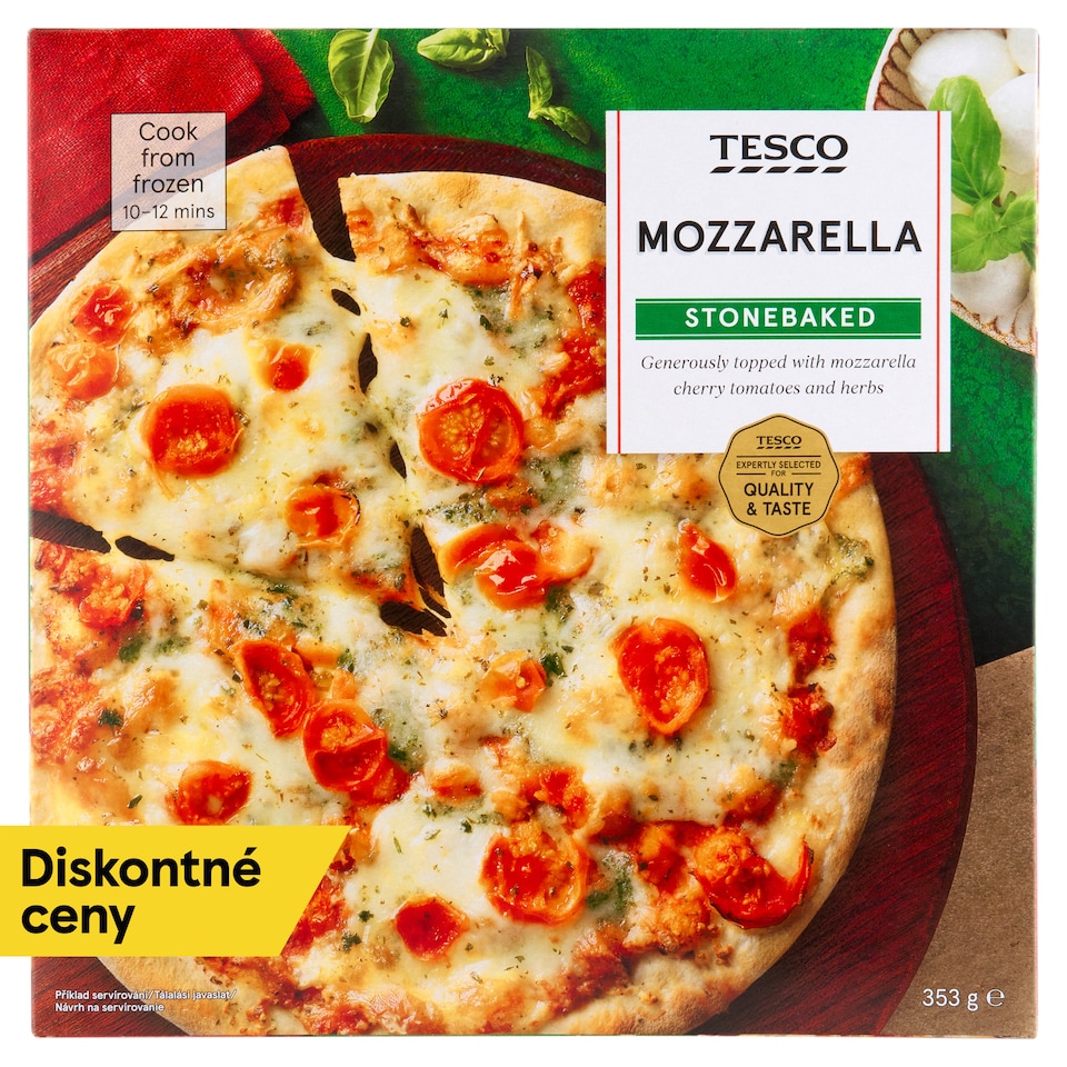 Tesco Pizza pečená v kamennej peci so syrmi mozzarella, eidam a cherry paradajkami 353 g