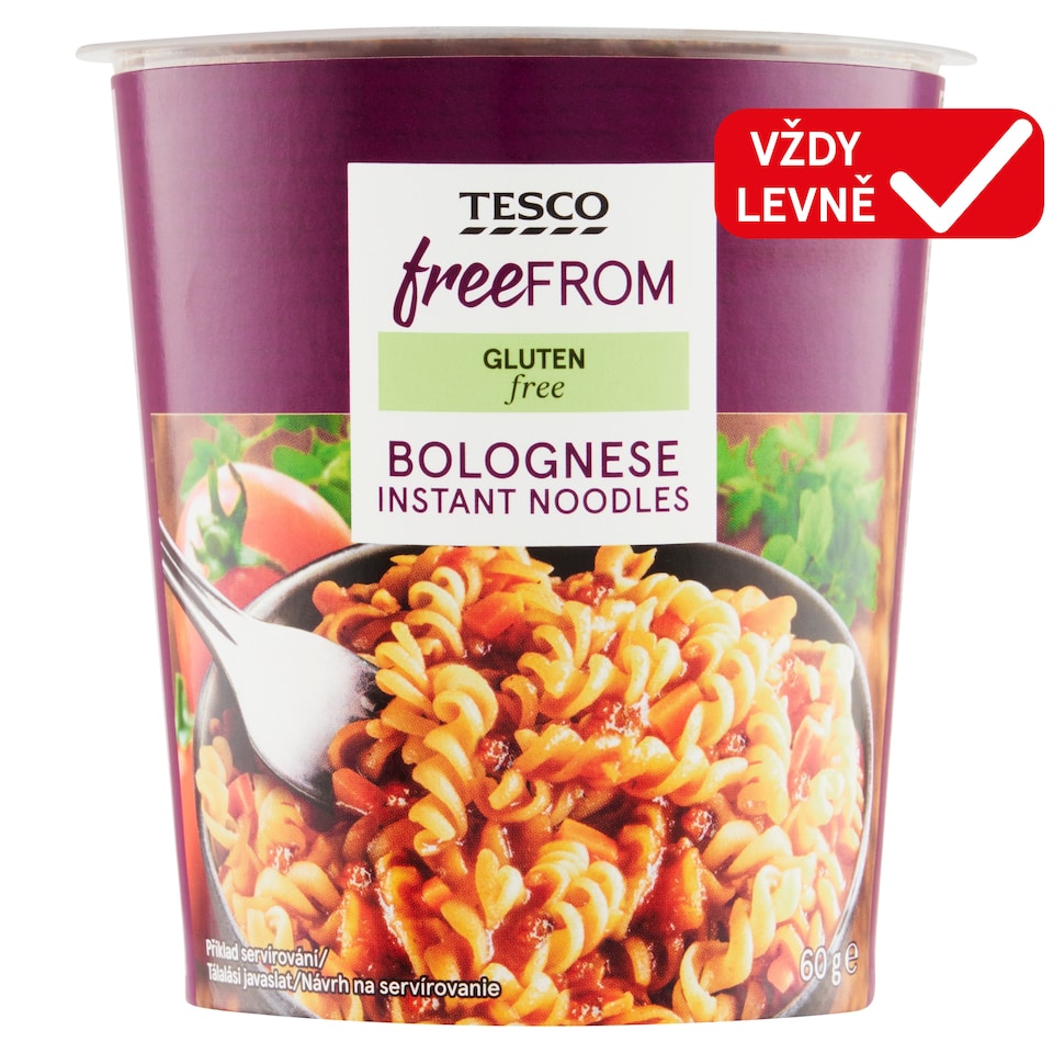 Tesco Free From Bolognese bezlepkové instantní nudle se sušenou zeleninou a hovězím masem 60g