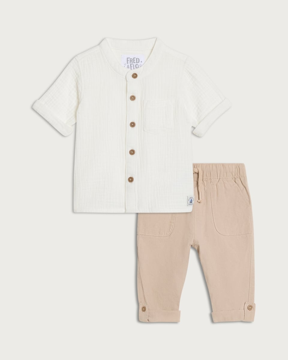 F&F Baby 2-Piece Pure Cotton Grandad Textured Shirt and Trouser Set in White
