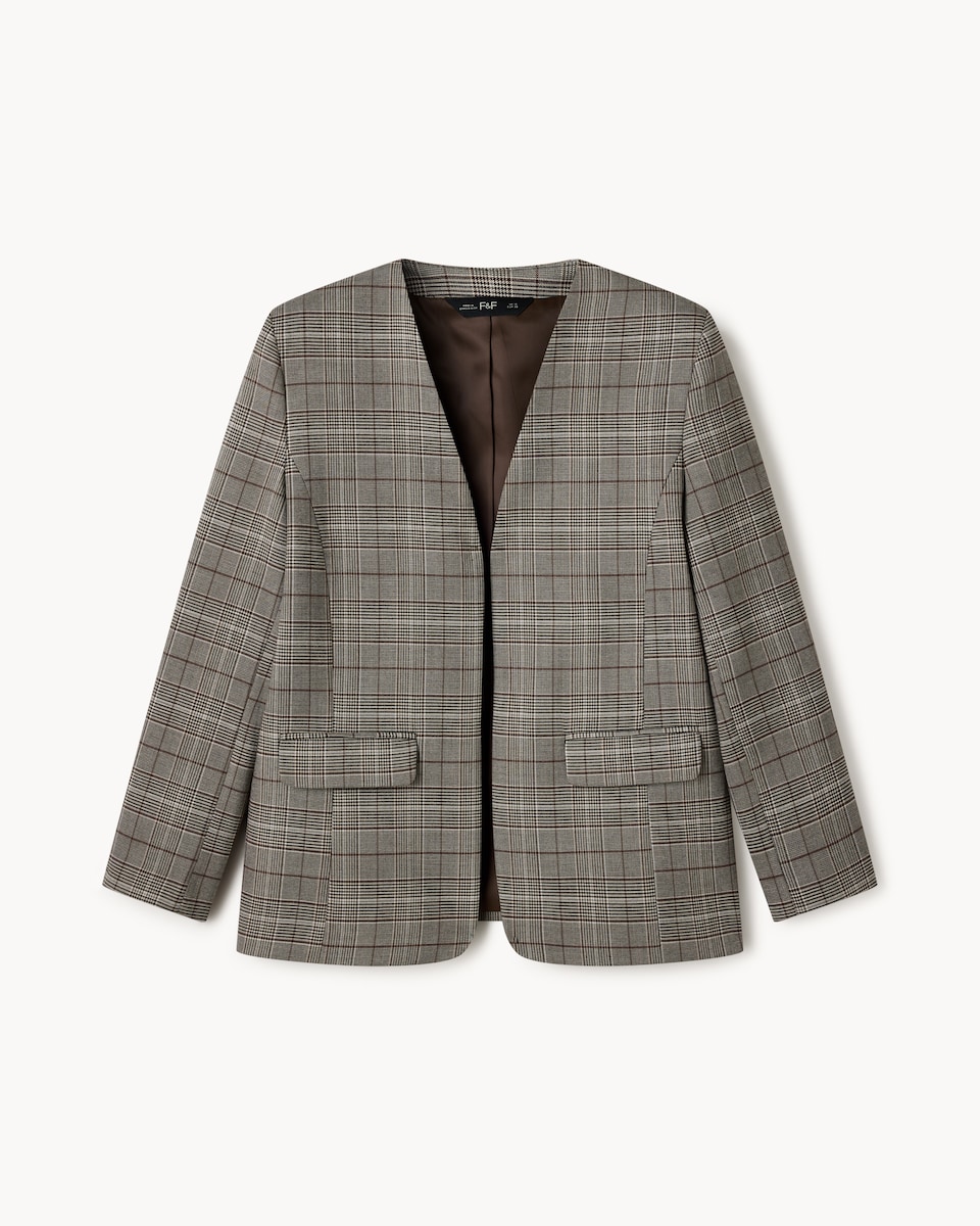 image 1 of F&F Checked Collarless Co-ord Blazer in Multi Brown
