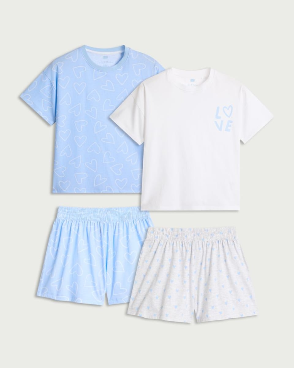 image 1 of F&F 2-Pack Pure Cotton Heart Print Short Pyjama Sets in Blue