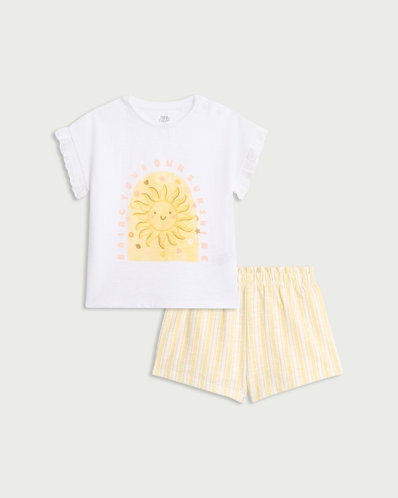 F&F Baby 2-Piece Pure Cotton Sun Print T-Shirt and Striped Shorts Set in White