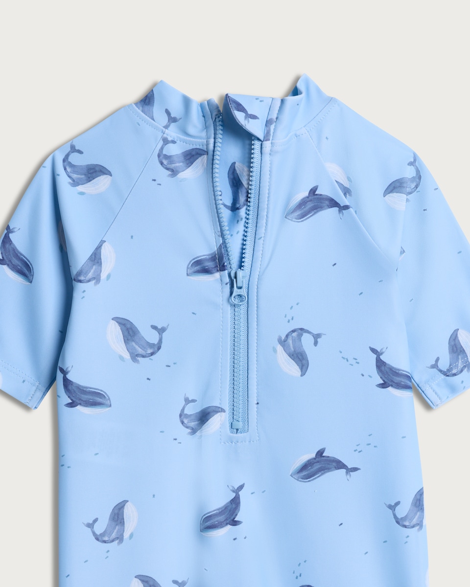 image 1 of F&F Baby 2-Piece Whale Print Sunsafe Swimsuit and Hat Set in Blue