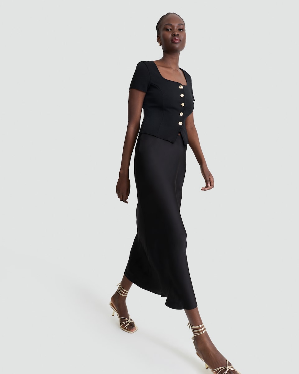 image 1 of F&F Square Neck Buttoned Short Sleeved Top in Black