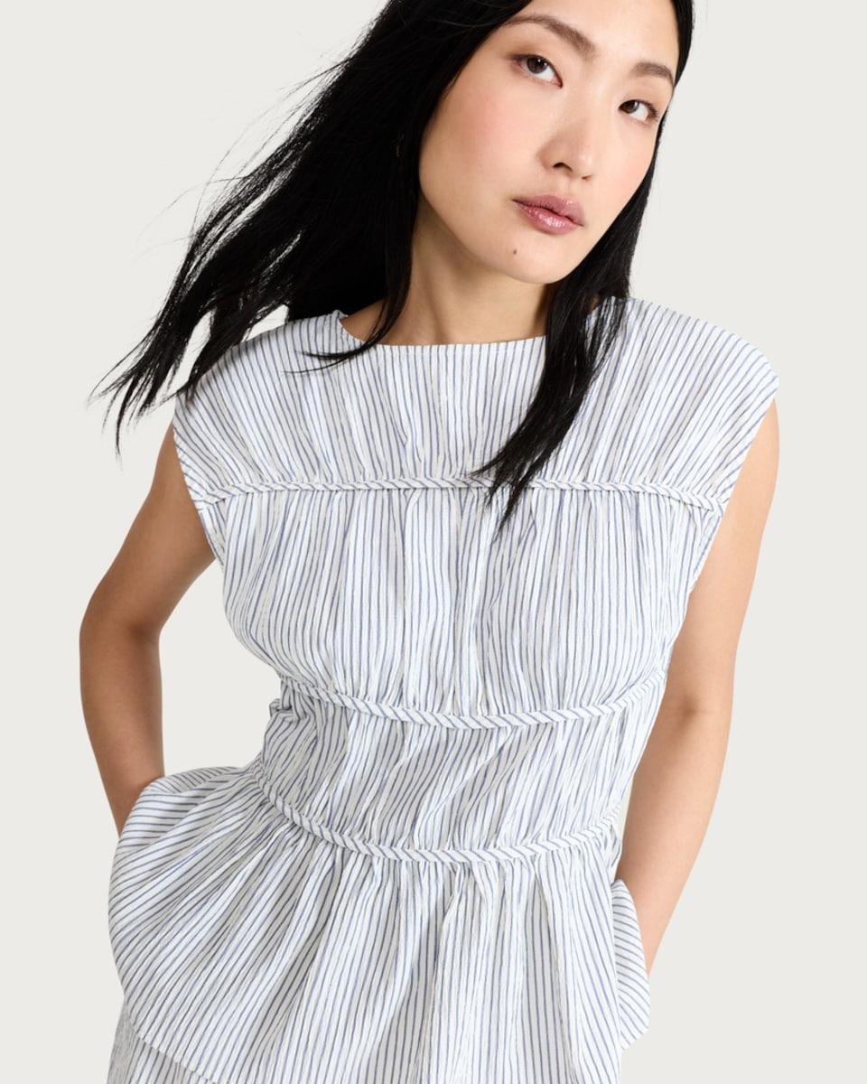 image 1 of F&F Stripe Peplum Hem Blouse in Blue