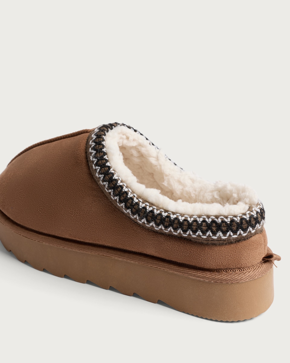 image 1 of F&F Faux Shearling Lined Platform Slippers in Tan