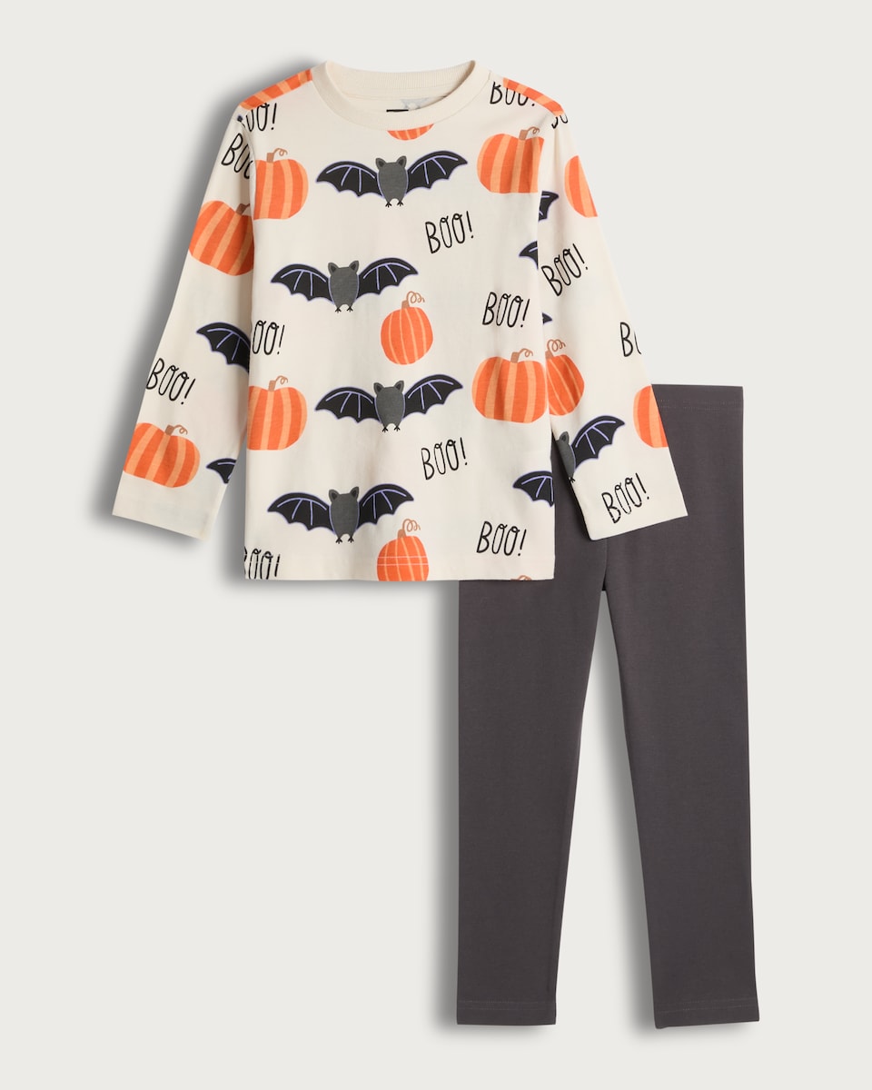 image 1 of F&F Boys Cotton Rich Bat and Pumpkin Print Top and Leggings Set in Cream
