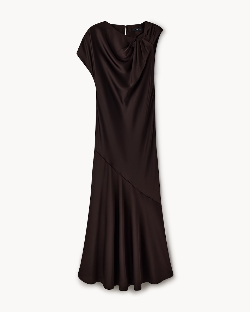 image 1 of F&F Satin Asymmetric Maxi Dress in Brown