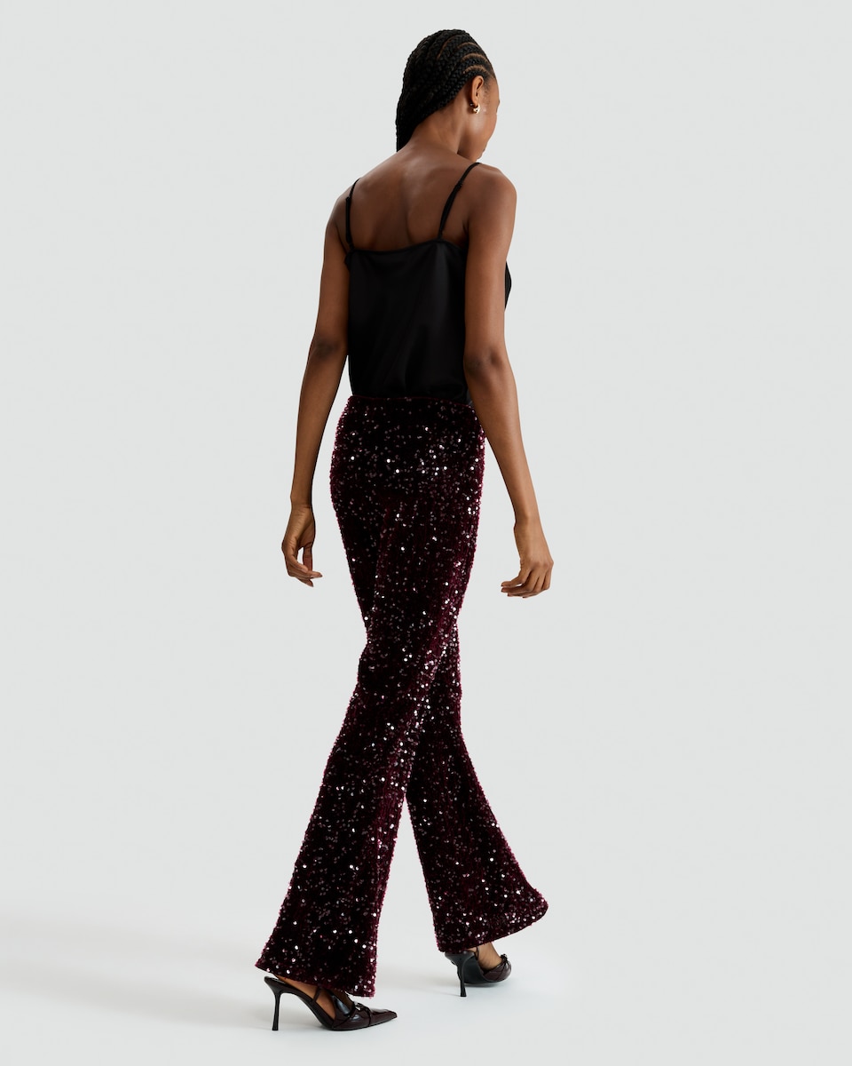 image 1 of F&F Velvet Sequin Flared Trousers in Burgundy