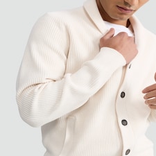 F&F Knitted Shawl Collar Button Up Cardigan with Cotton in Stone