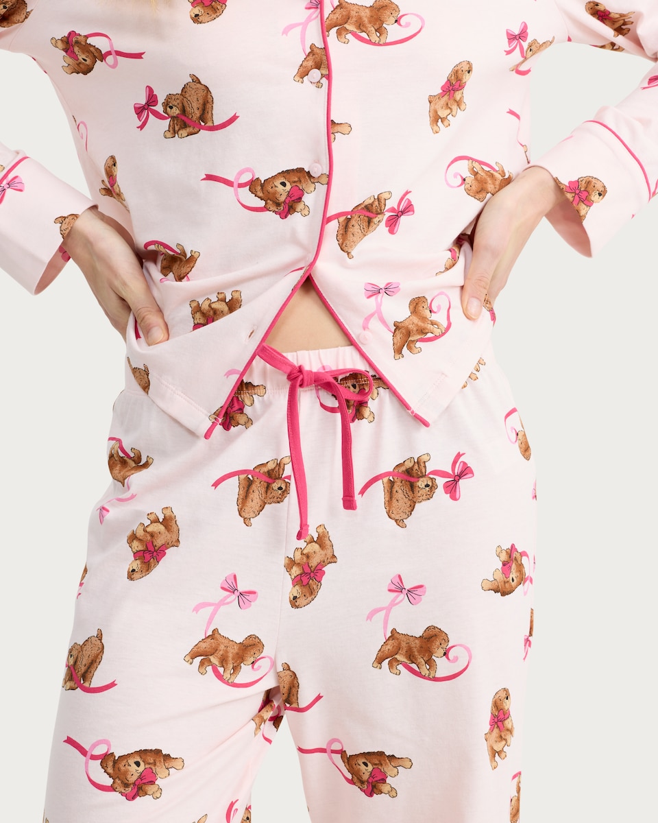 image 1 of F&F Pure Cotton Dog Print Revere Pyjama Set in Multi Pink