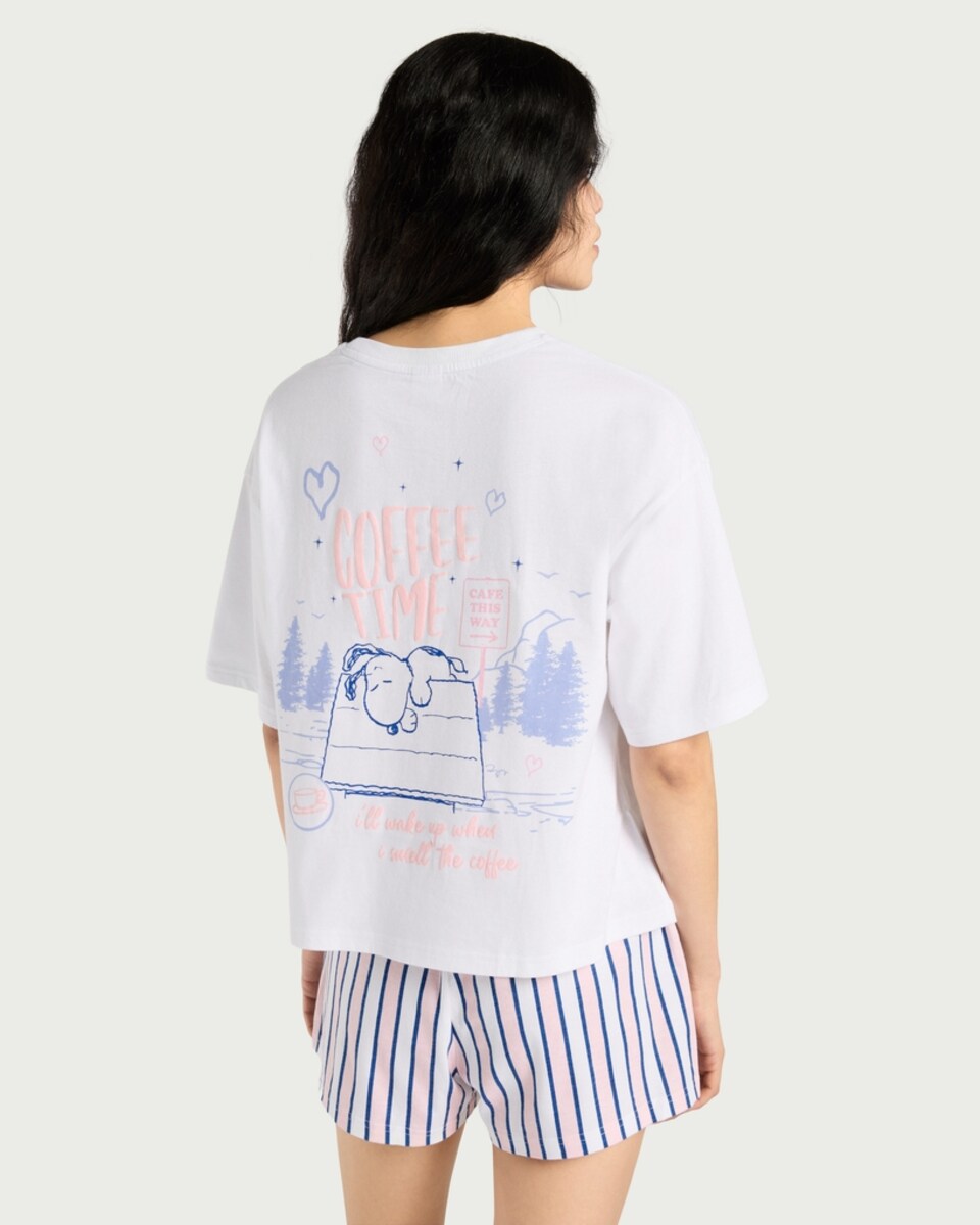 image 1 of Snoopy 2-Piece Pure Cotton Top and Shorts Pyjama Set in Multi Pink
