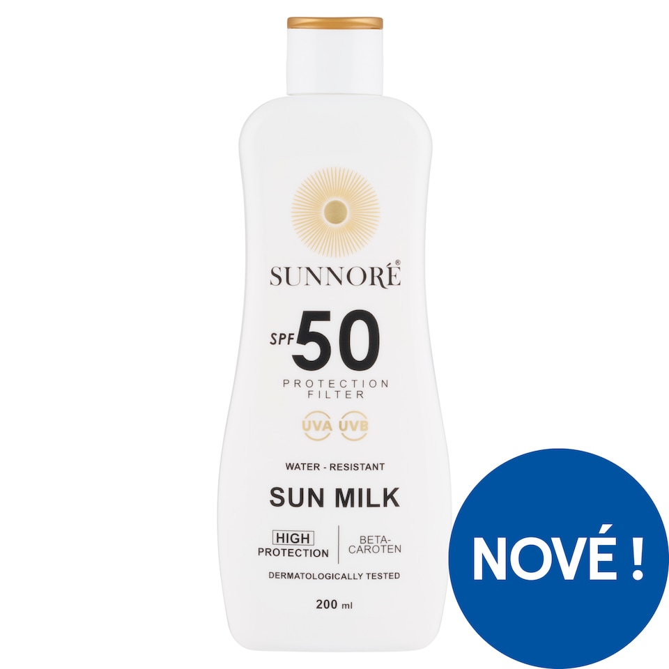 Obrázek 1 pro produkt Sunnoré Opalovací voděodolné mléko s ochranným faktorem UVA a UVB SPF 50 200ml