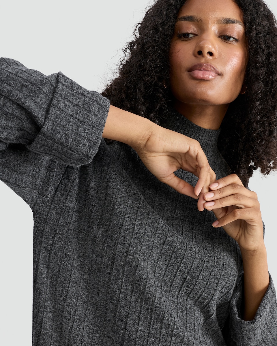 image 1 of F&F Ribbed High Neck Long Sleeved Tunic in Grey