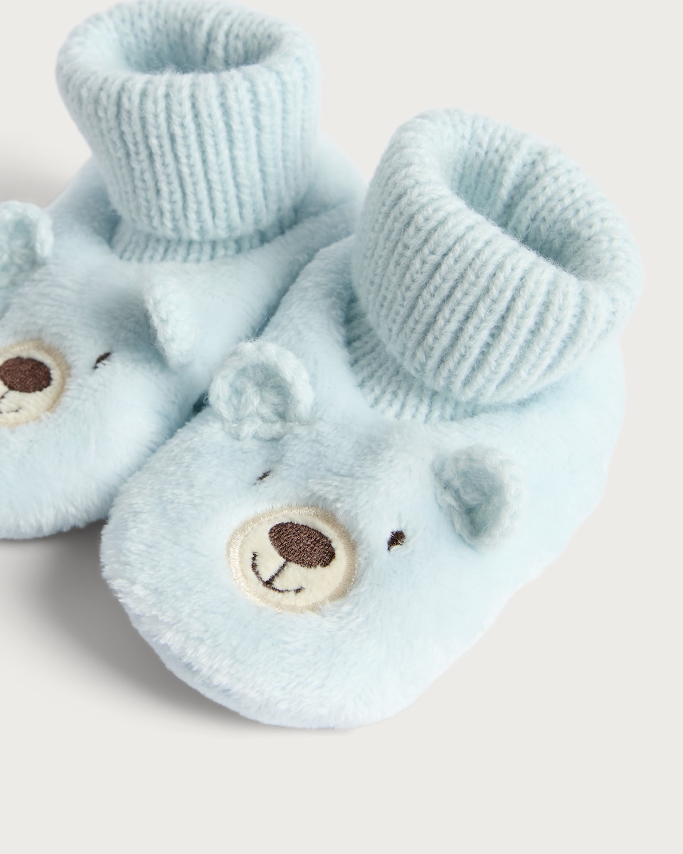 image 1 of F&F Baby Fleece Bear Face Ribbed Booties in Multi