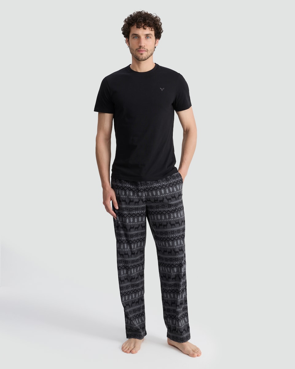 image 1 of F&F Pure Cotton Top and Fleece Patterned Pants Pyjamas in Black