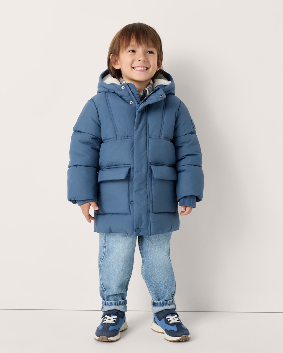 image 1 of F&F Boys Shower Resistant Longline Puffer Coat in Blue