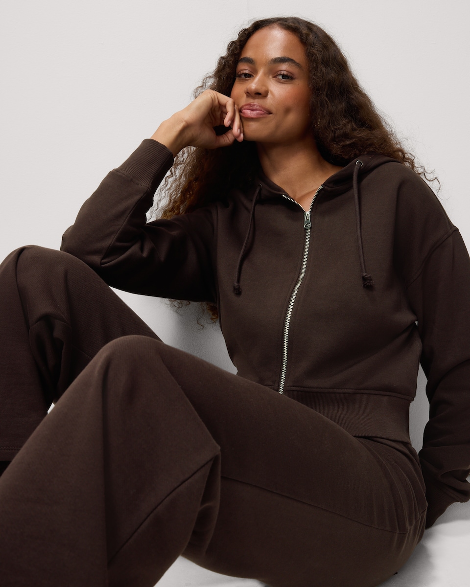 image 1 of OH ME OH MY Cotton Rich Cropped Zip Through Hoodie in Chocolate
