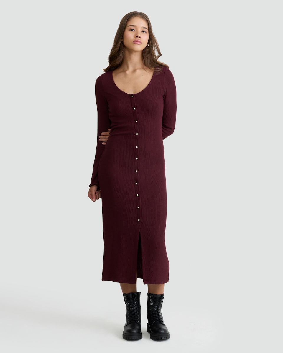 image 1 of F&F Ribbed Button Front Midi Dress in Burgundy