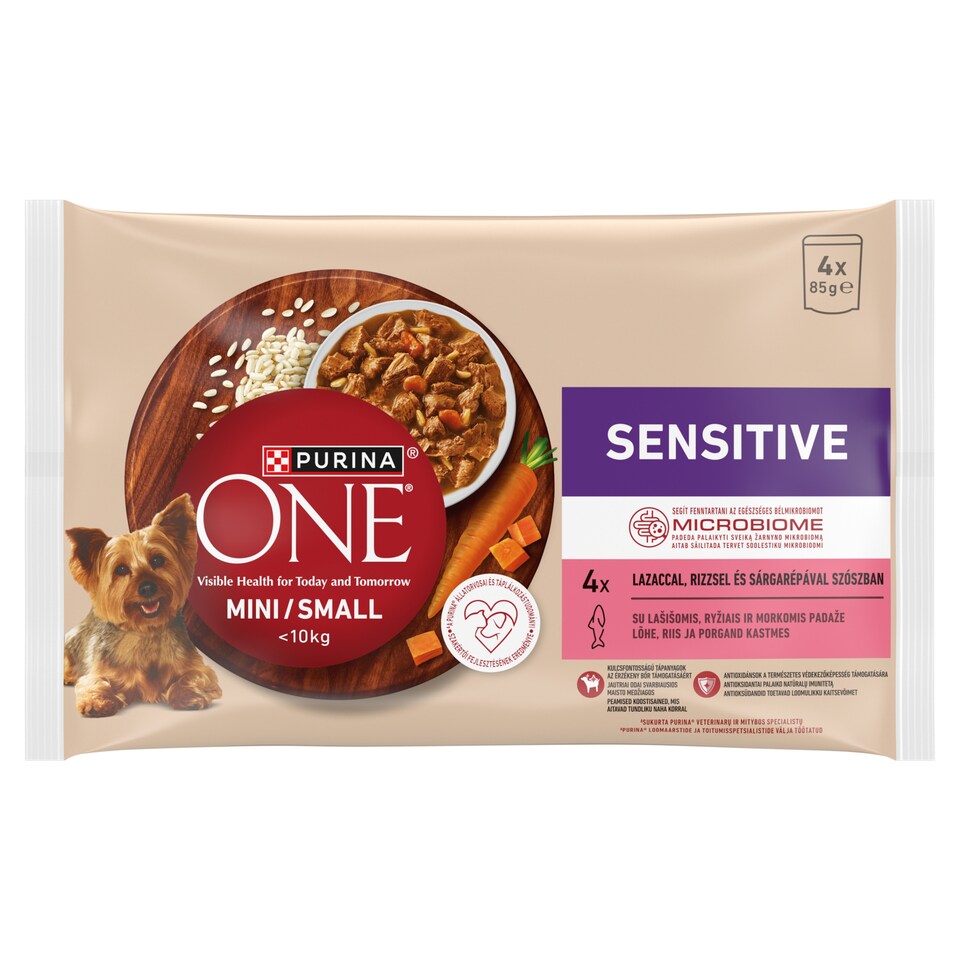 Purina One Mini Sensitive állateledel kutyáknak lazaccal, rizzsel és sárgarépával szószban 4 x 85 g