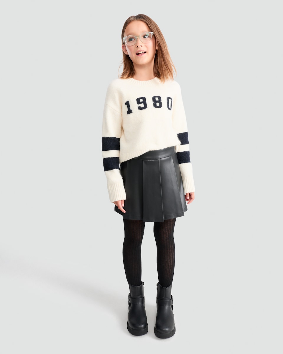 image 1 of F&F Girls Faux Leather Pleated Skort in Black