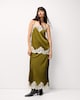 image 2 of The F&F Edit Satin Lace Trim Co-ord Midi Skirt in Green