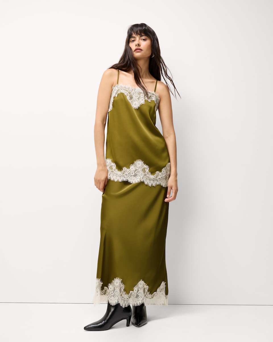 image 1 of The F&F Edit Satin Lace Trim Co-ord Midi Skirt in Green