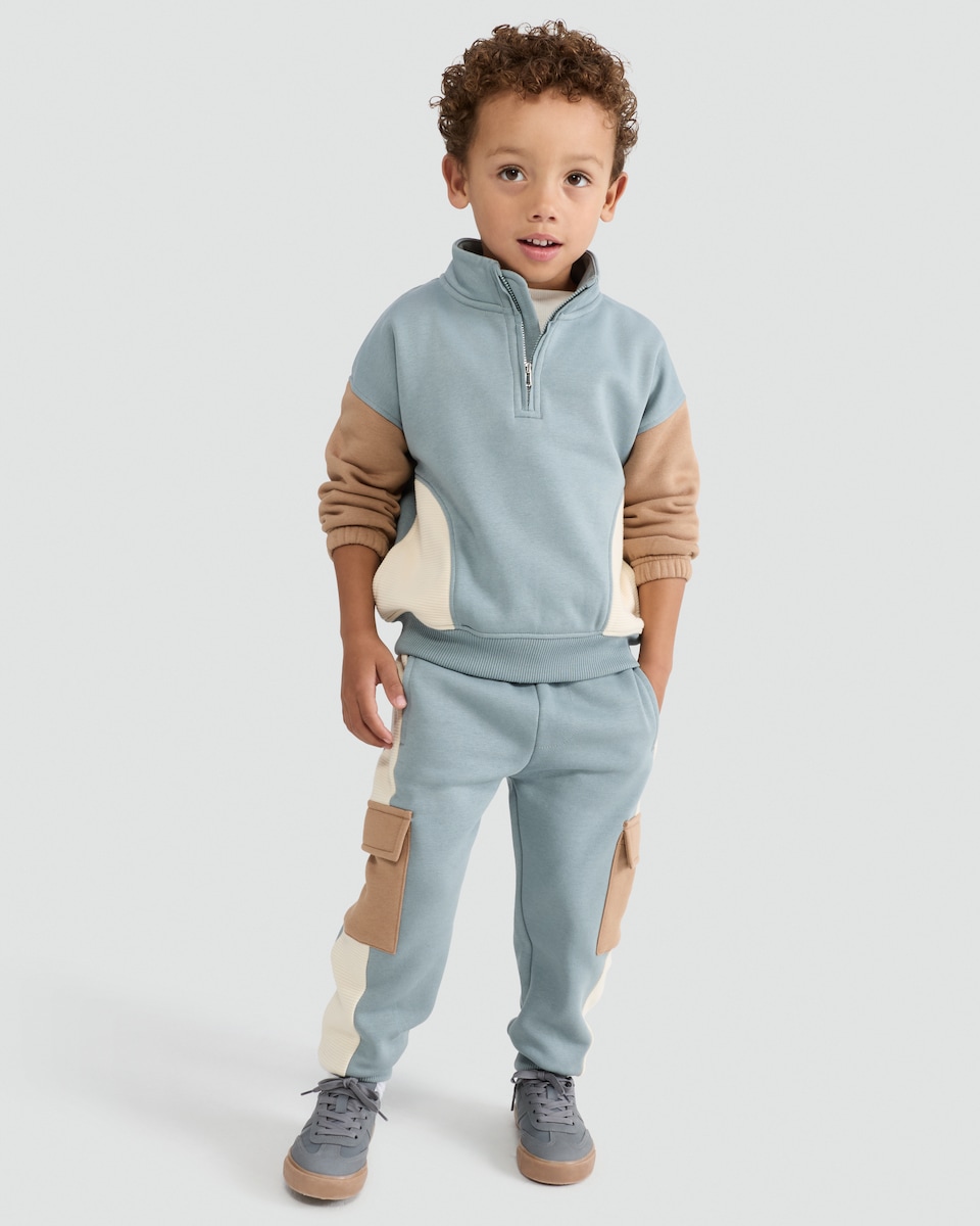 image 1 of F&F Boys 2-Piece Cotton Rich Colour Block Half Zip Sweatshirt and Joggers Set in Blue
